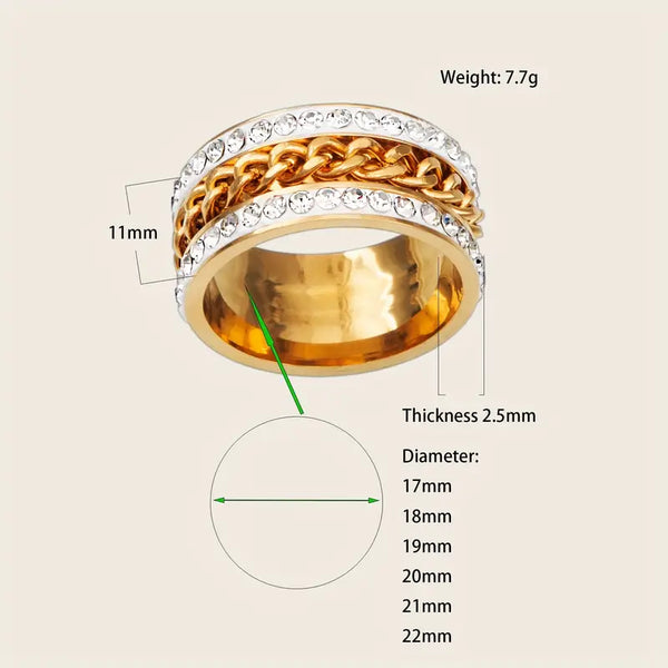Stainless Steel Gold Plated Spinner Ring with Chain Link and Cubic Zirconia