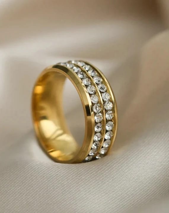 Gold Plated Double Row Rhinestone Ring | Water Proof