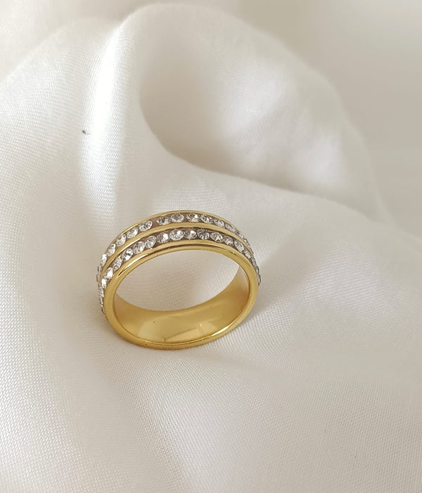 Gold Plated Double Row Rhinestone Ring | Water Proof
