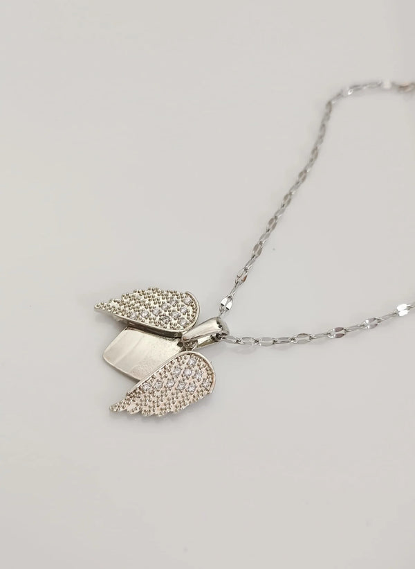Zircon Love Wings Openable Pendant Silver Necklace | Stainless Steel