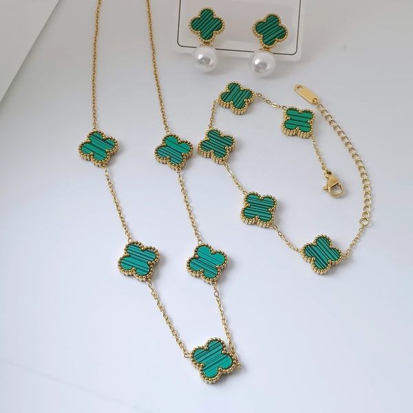 Clover 3 Pieces Combo Deal ( Bracelet + 5 Clover Mala + Studs ) - Green – Water Proof & Tarnish-Free