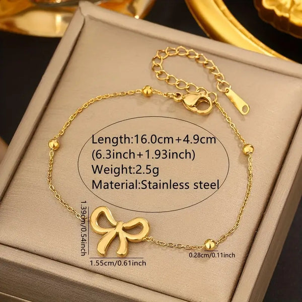 Hollow Bow Shape & Round Bead Bracelet – Waterproof & Tarnish-Free