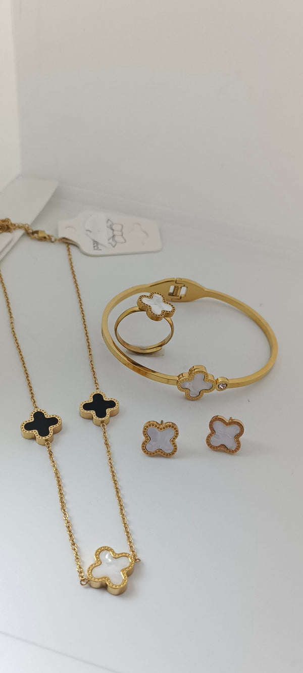 Stainless Steel 4 Piece Clover Set With Hand Cuff White and Black