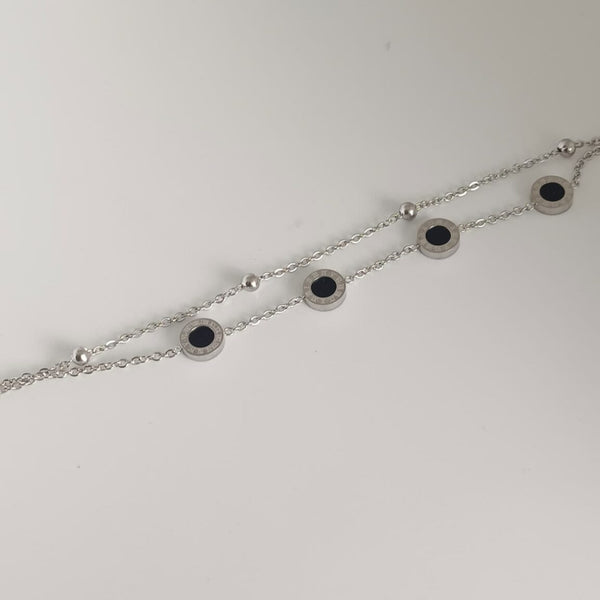 Silver Stainless Steel Double Layer Black Adjustable Chain Bracelet