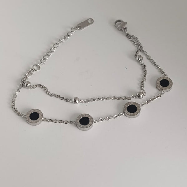 Silver Stainless Steel Double Layer Black Adjustable Chain Bracelet