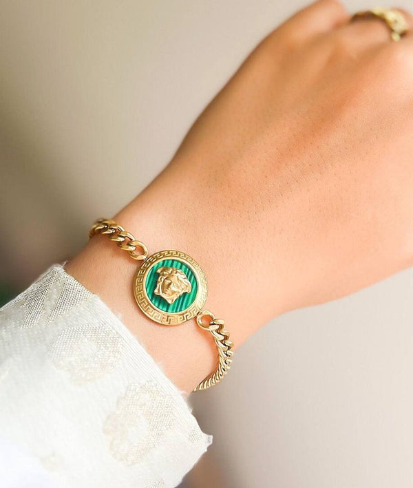 Iconic VERSACE Gold Chain Mudusa Bracelet Green