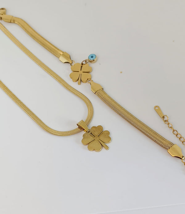 Stainless Steel Heart Four-leaf Clover Necklace & Bracelet