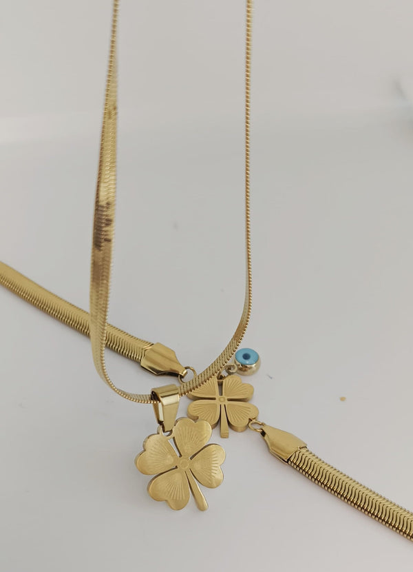 Stainless Steel Heart Four-leaf Clover Necklace & Bracelet