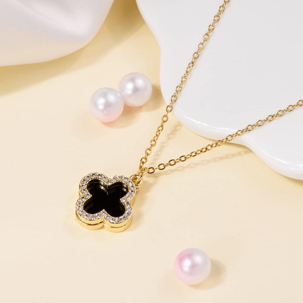 14K Gold Plated Dainty Black Rhinestone Clover Pendent