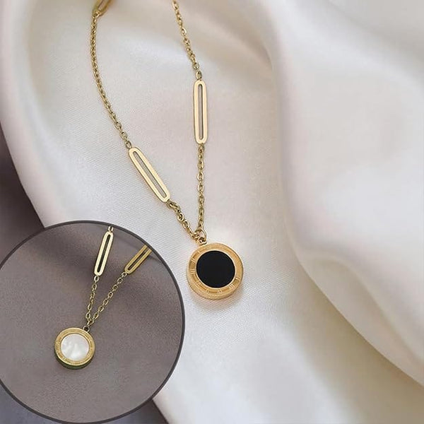 Stainless Steel Roman Numerals Detail Round Charm Necklace