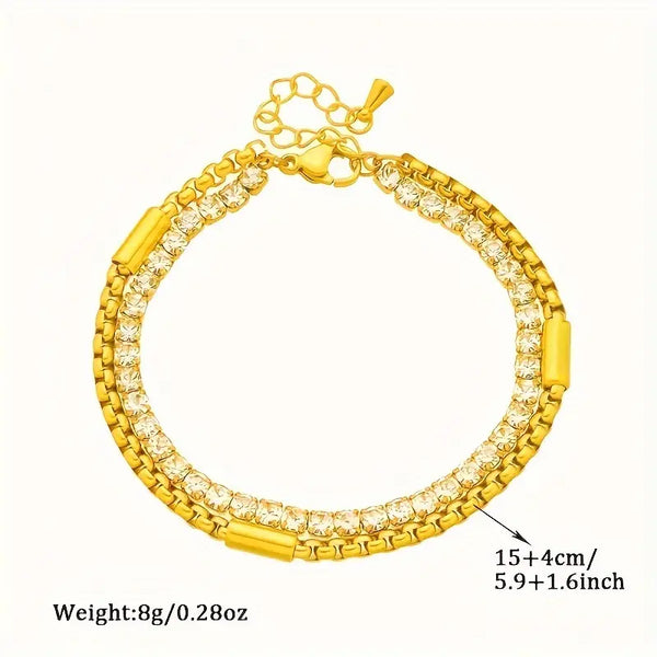 Stainless Steel Double Chain Bracelet with Sparkling Rhinestones