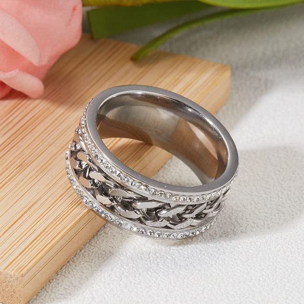 Chain Flow Zircon Ring - Stainless Steel High Polished 18k White Gold Ring for Men and Women