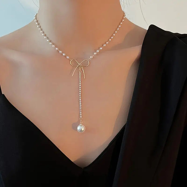 Graceful Bow Tassel Pearl Drop Pendant | Elegant Pearl Choker Necklace