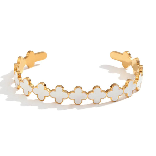 Clover Loop Open Cuff (White) - Stainless Steel and Water Proof