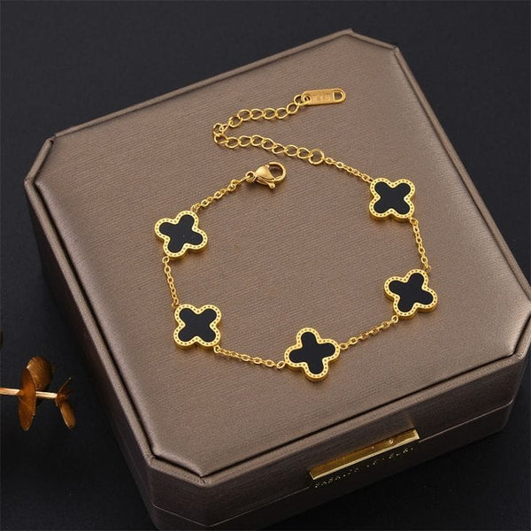 Classic Black Four Leaf Link Bracelet for Women Girls