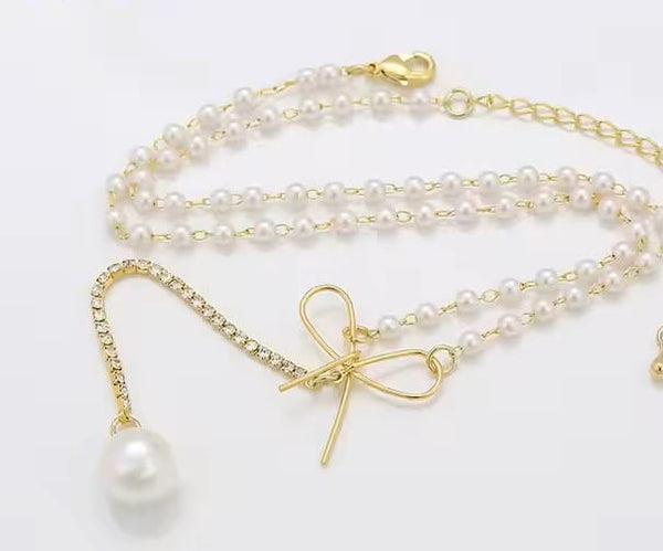 Graceful Bow Tassel Pearl Drop Pendant | Elegant Pearl Choker Necklace