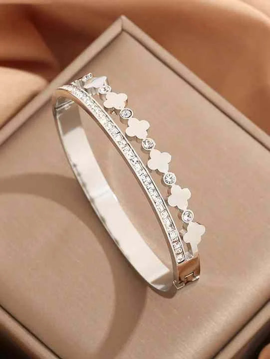 Seven Clover Silver Bangle | Water Proof | Stainless Steel | Premium Quality