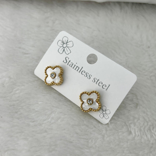 Stainless Steel Clover Stone Stud Earrings (Black & White)