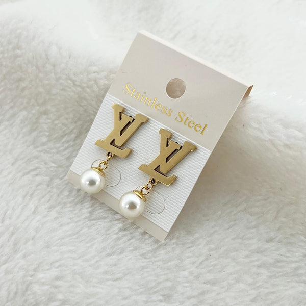 Elegant Stainless Steel LV Brand Inspired Pearl Earrings
