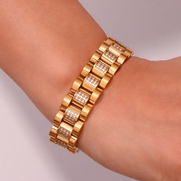 Inlaid Zircon Stainless Steel Bracelet - Water Proof & 18K Gold Plated
