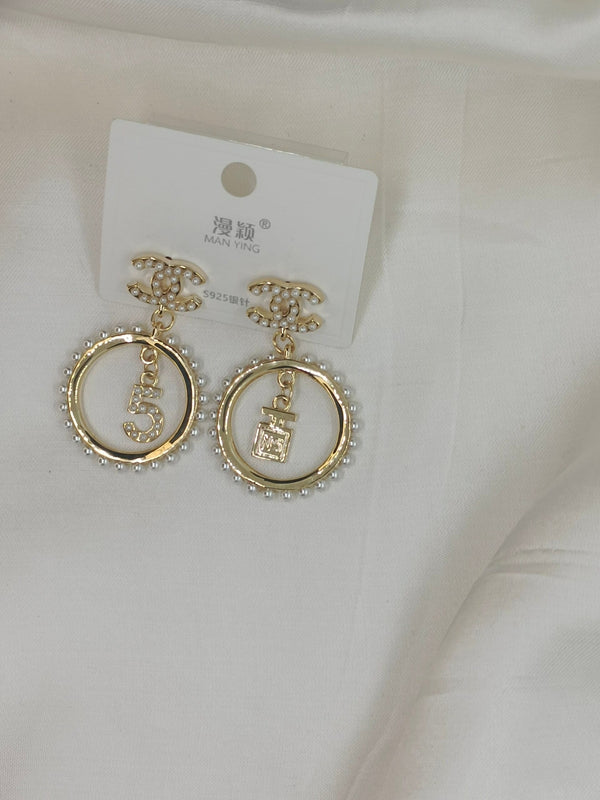 Designer Stainless Steel CC Pearl No.5 And Perfume Charm Circle Drop Earrings