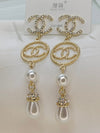 Premium Quality Branded Stainless Steel Rhinestone Pearl Drop CC Luxury Earrings