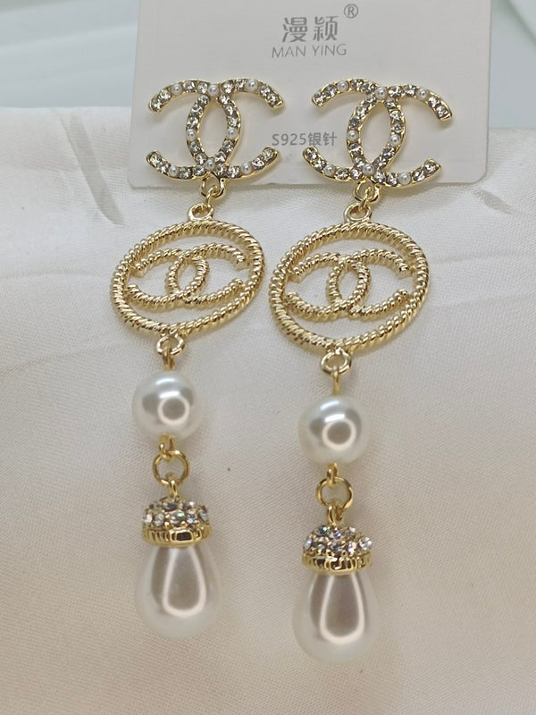 Premium Quality Branded Stainless Steel Rhinestone Pearl Drop CC Luxury Earrings