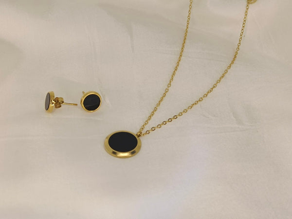 Fashion Simple Exquisite Round Black & White Enamel Stainless Steel Necklace and Ear studs for Women's