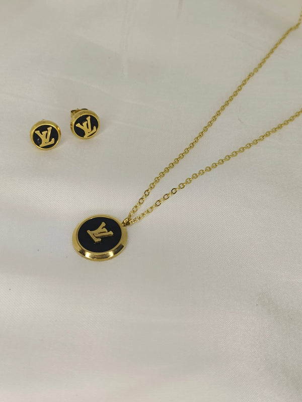 Fashion Simple Exquisite Round Black & White Enamel Stainless Steel Necklace and Ear studs for Women's