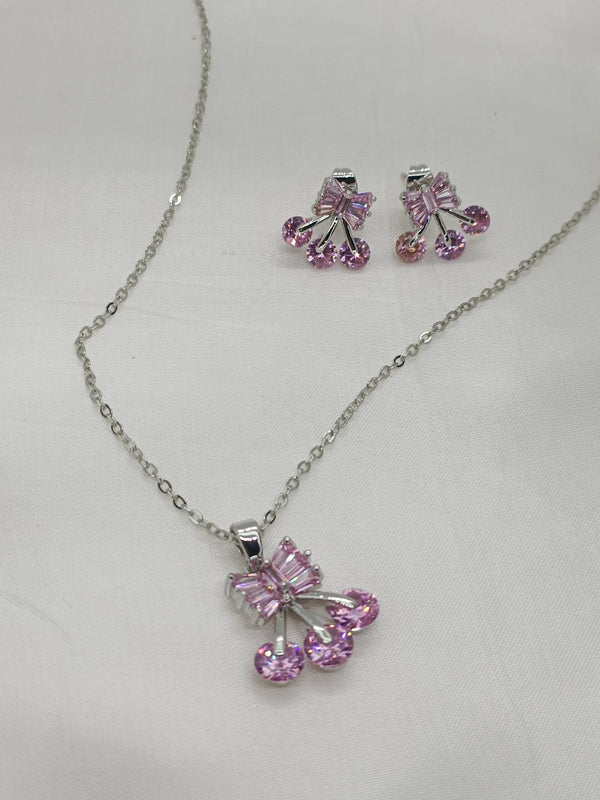 Premium Quality Sterling Silver Zircon Pink Pendant Necklace Set