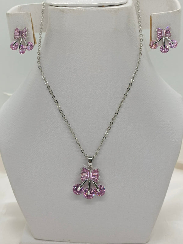 Premium Quality Sterling Silver Pink Zircon Pendant Necklace Set