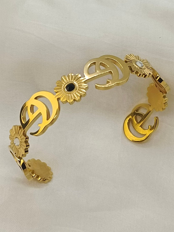Stainless Steel Golden Bracelet with GG-Inspired Logo and Floral Design