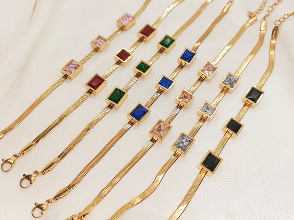 Sparkling Zircon Stone Stainless Steel Gold Plated Snake Chain Bracelet