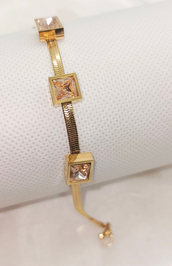 Sparkling Zircon Stone Stainless Steel Gold Plated Snake Chain Bracelet