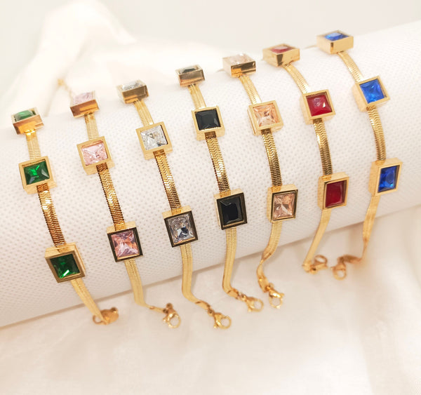 Sparkling Zircon Stone Stainless Steel Gold Plated Snake Chain Bracelet