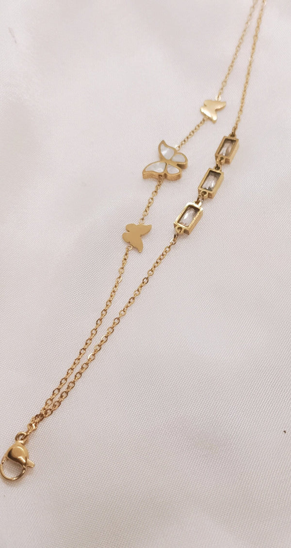 Stainless Steel Gold Plated Butterfly Charm Rhinestone Double Layer Bracelet