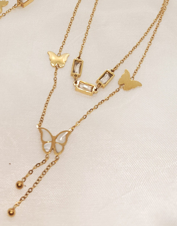Stainless Steel Butterfly Charm Rhinestone Double Layer Pendant Necklace For Women
