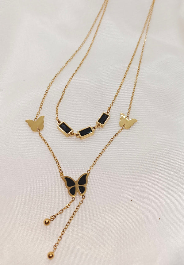 Stainless Steel Butterfly Charm Rhinestone Double Layer Pendant Necklace For Women