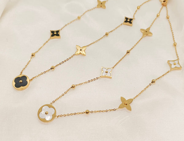 Unique Stainless Steel Metal Clover Flowers Necklace (Black & White)