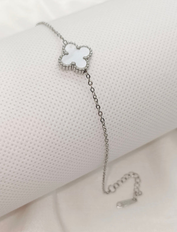 4 Leaf Clover Double Sided Stainless Steel Silver Bracelet