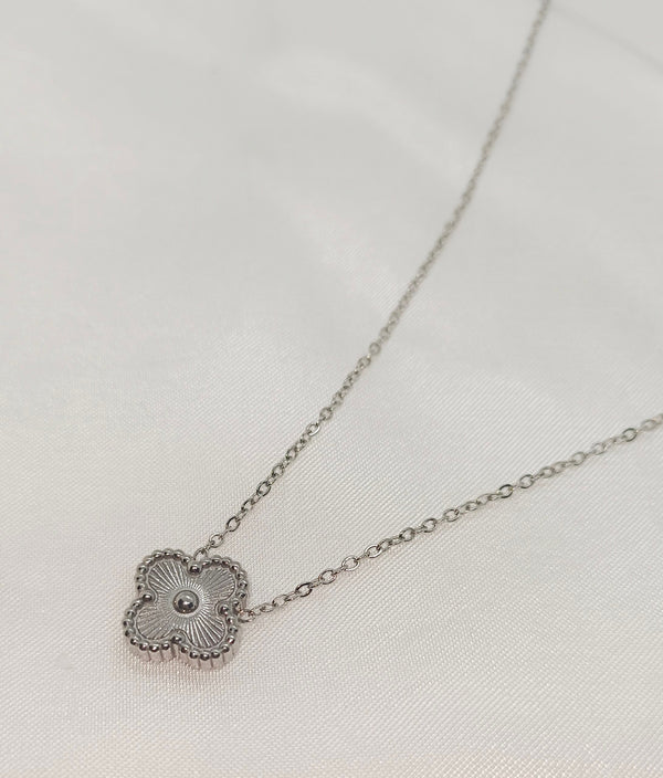 Stainless Steel Silver Clover Double Sided Pendant Necklace