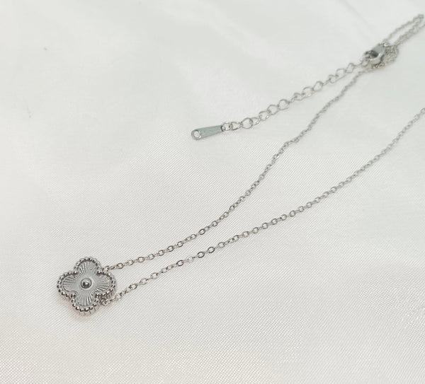 Stainless Steel Silver Clover Double Sided Pendant Necklace