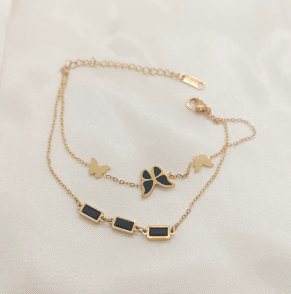 Stainless Steel Gold Plated Butterfly Charm Rhinestone Double Layer Bracelet