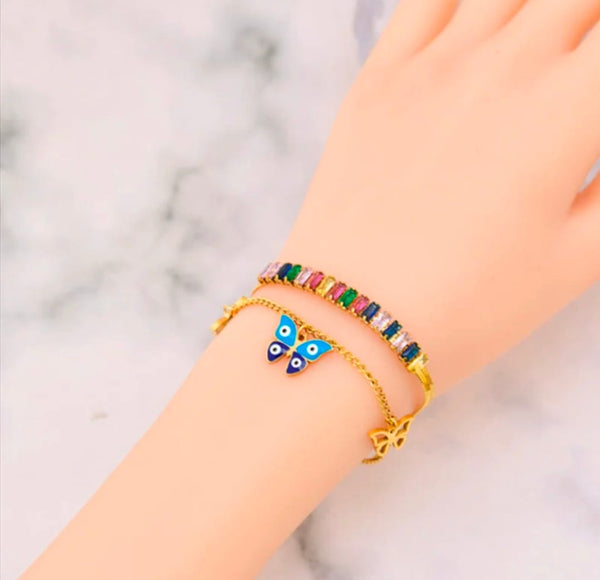 18k Gold Plated Non Tarnish Stainless Steel Double Layer Butterfly Charm Bracelet