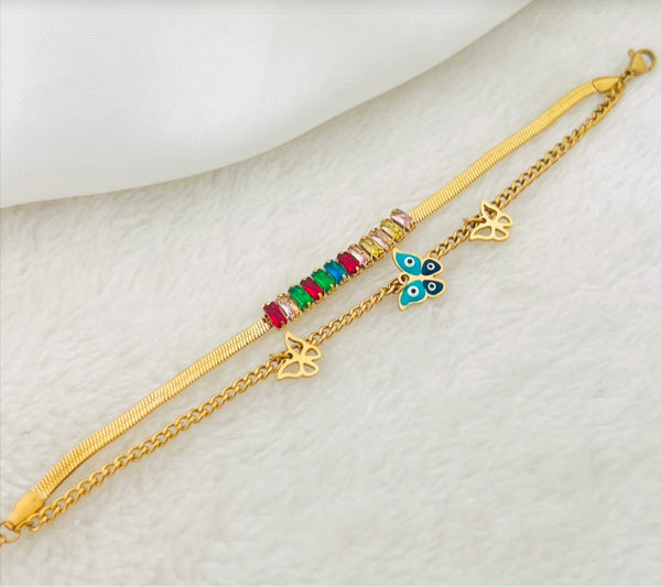 18k Gold Plated Non Tarnish Stainless Steel Double Layer Butterfly Charm Bracelet