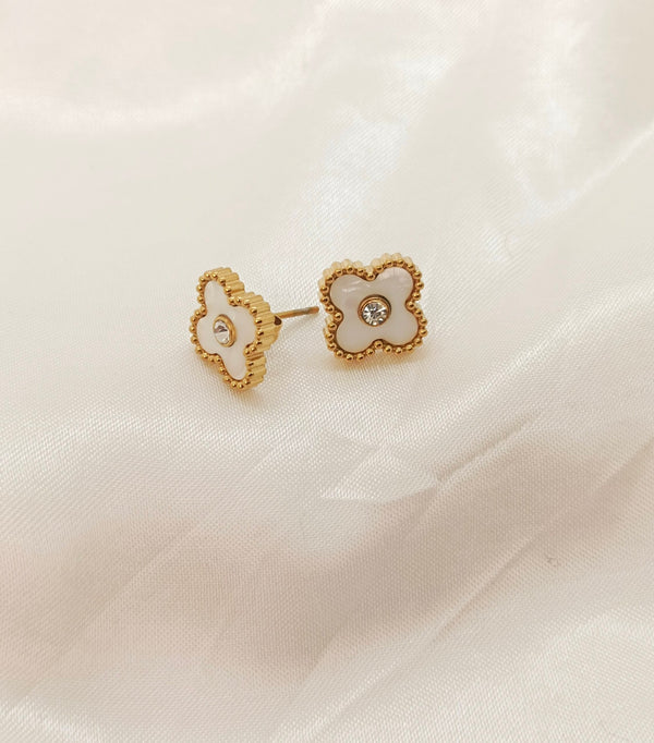 Stainless Steel Clover Stone Stud Earrings (Black & White)