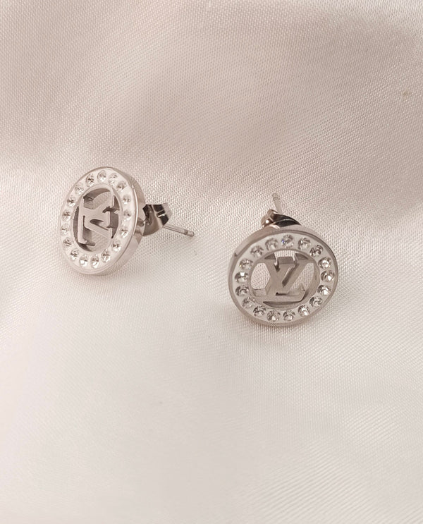 Stainless Steel LV Silver Zircon Stud Earrings