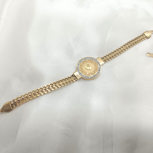 18kgold Plated Twisted Curb Chain With Round Plate & Printed Portrait & Rhinestone Decor Bracelet