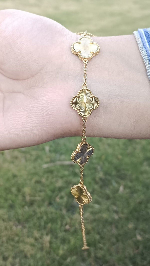 Gold Plated Double Sided Clover Stainless Steel Bracelet Yellow Gold Color