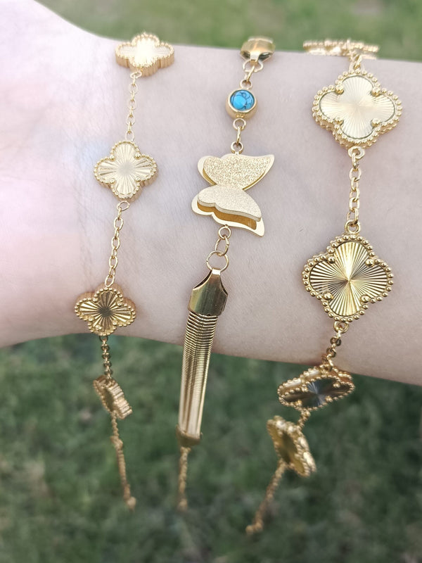 Gold Plated Double Sided Clover Stainless Steel Bracelet Yellow Gold Color